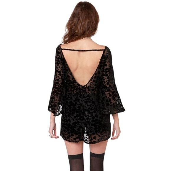 Gypsy Junkies X Free People Black Bell Sleeve Velvet Tunic Mini Dress Top S/M - Picture 4 of 10